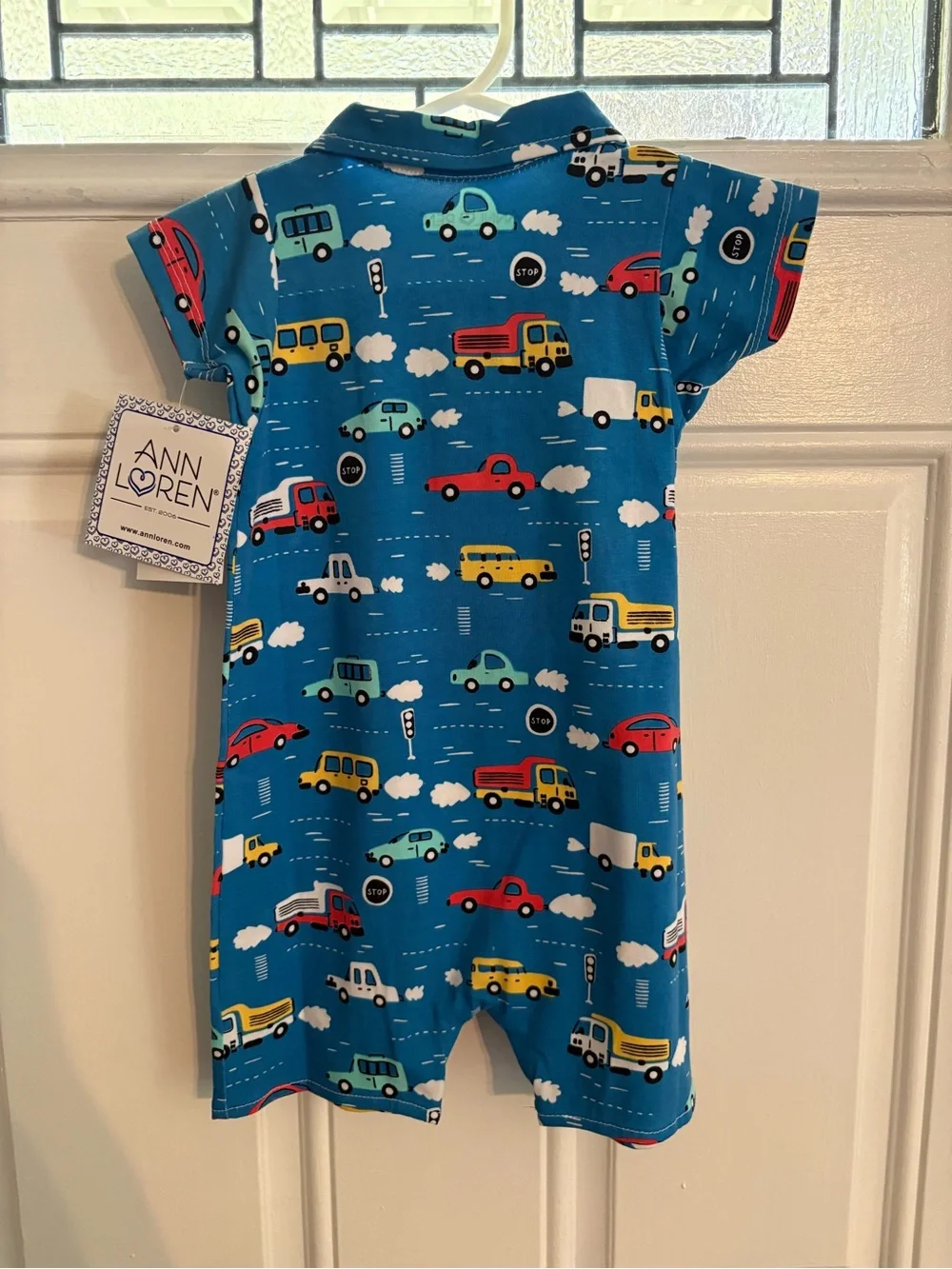 Ann Loren Blue Short-Sleeve Button Romper with Multicolor Car Print